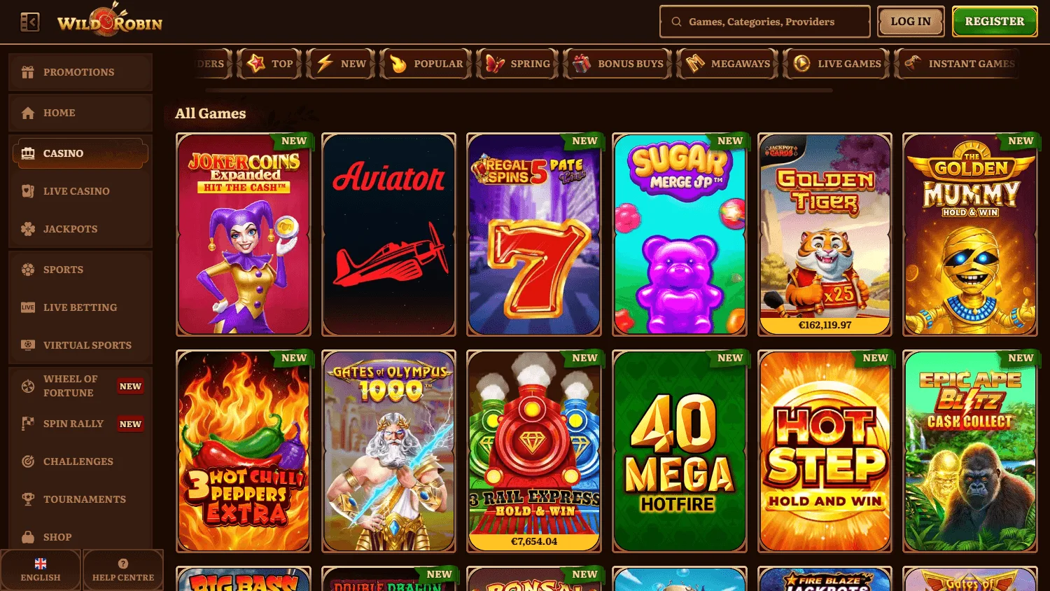 Wild Robin Casino desktop games area with casino titles and live dealer options