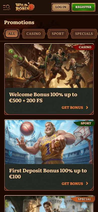 Wild Robin Casino mobile browser promotions area with bonus and reward offers