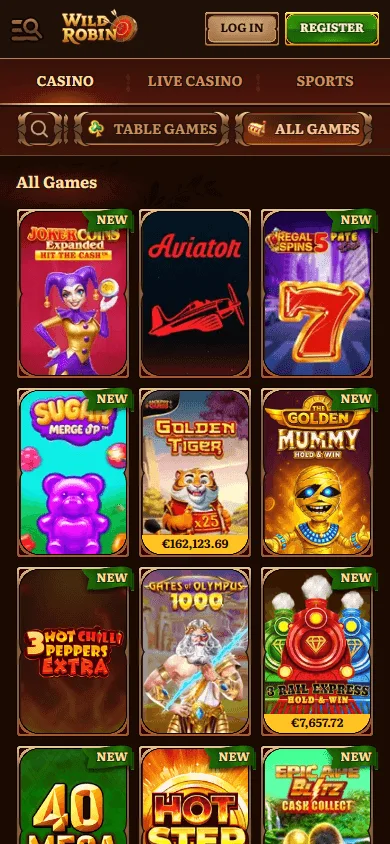 Wild Robin Casino mobile browser games area with casino and live dealer options