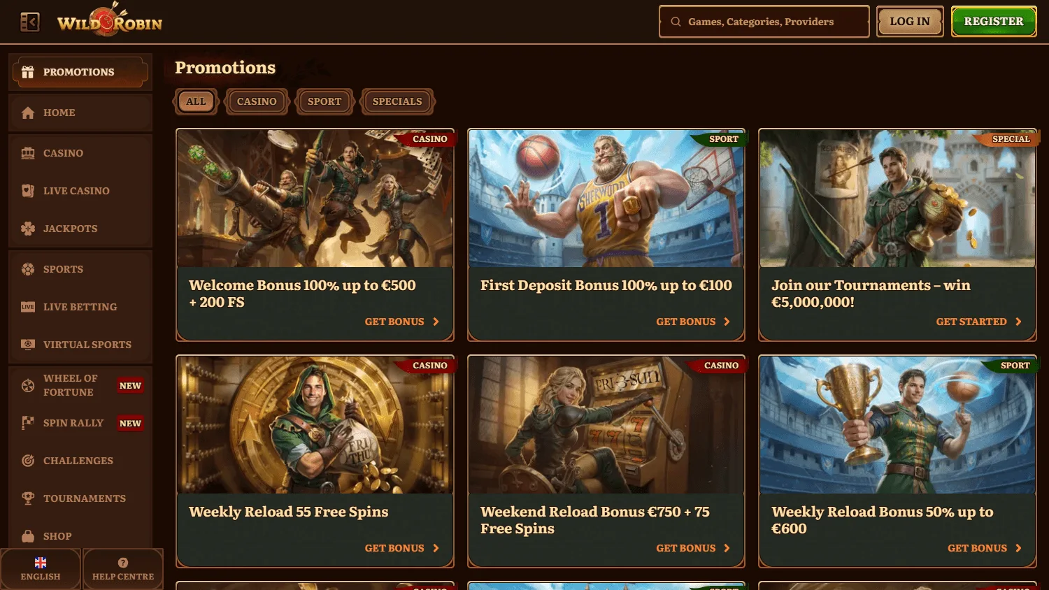 Wild Robin Casino desktop promotions area with welcome and ongoing rewards