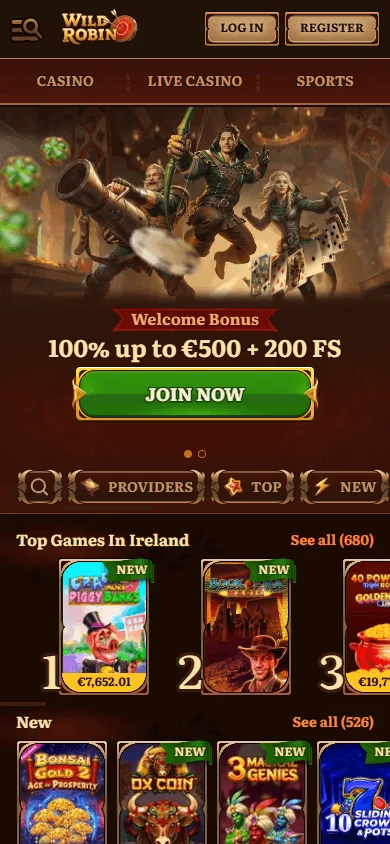 Wild Robin Casino mobile browser home screen on an iOS or Android device