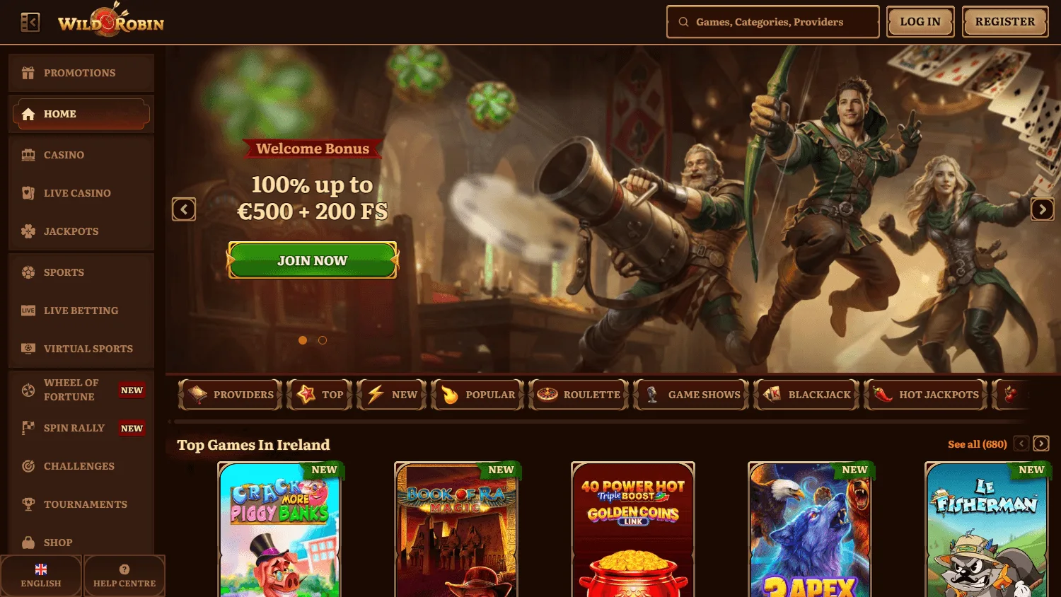Wild Robin Casino desktop home screen with casino and sportsbook access